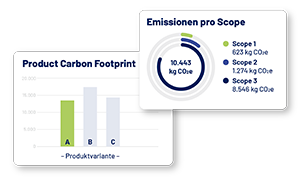 Infografik mit einer beispielhaften Analyse der Emissionen eines Produkts auf der Grundlage von Anwendungsbereich und Produktversion_klein